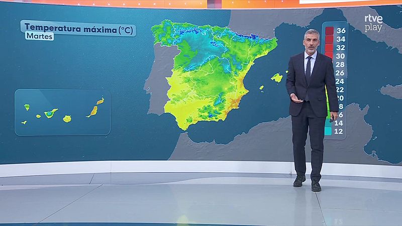 El presentador Martín Barreiro explica la previsión meteorológica ante una pantalla curva con un mapa de España y un mapa térmico de temperaturas máximas.