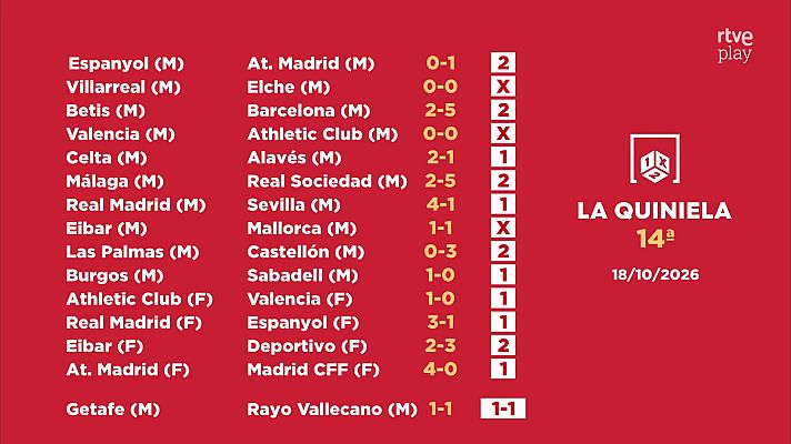 Loterías - Sorteo de la Quiniela del 20/10/2026 - Jornada 14