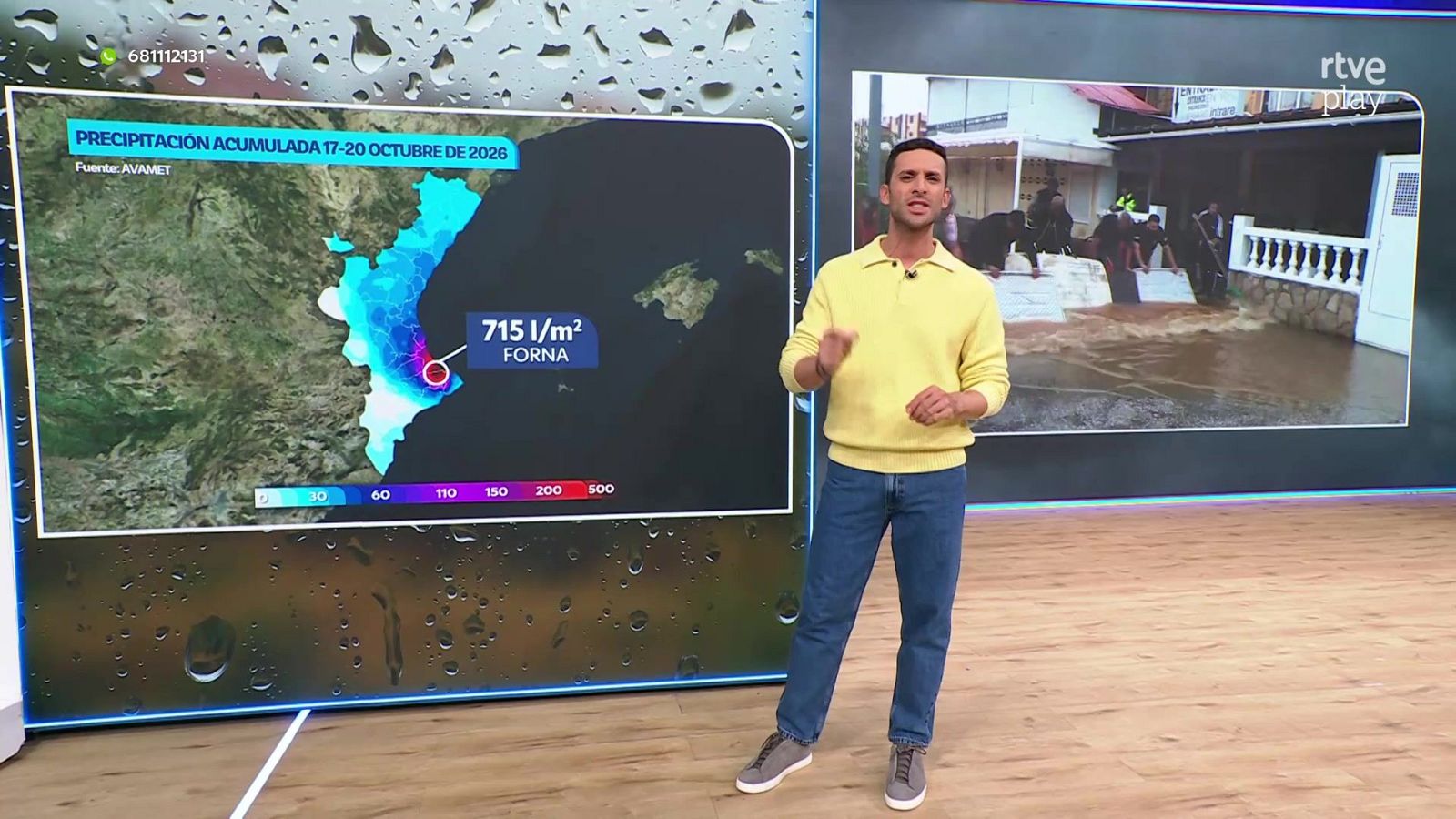 El meteorólogo Marc Santandreu presenta un mapa de lluvias acumuladas y secuelas de riadas en un plató de televisión.