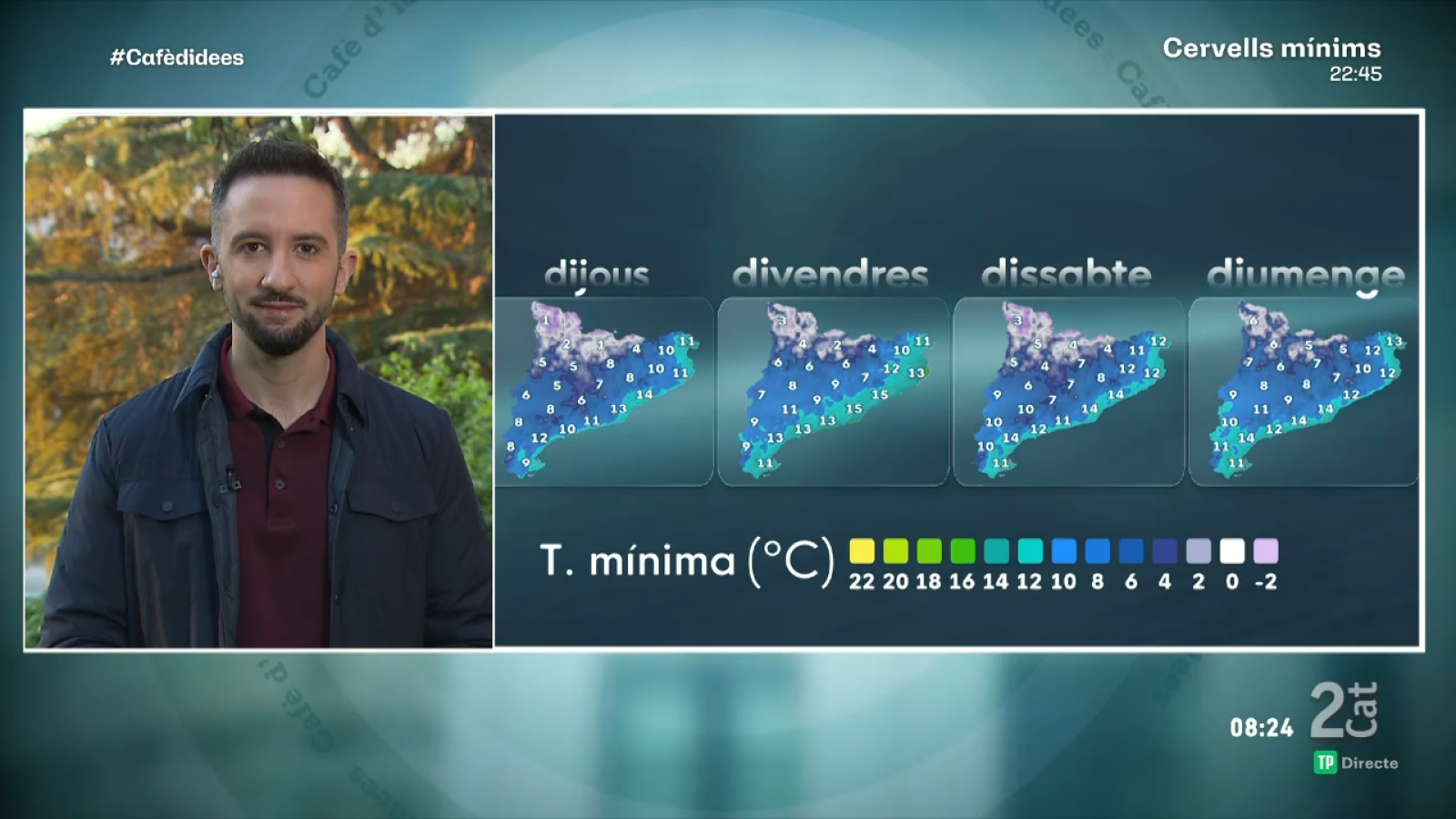 El meteorólogo Sergi Loras presenta la previsión de temperaturas mínimas en Cataluña con mapas para cuatro días en un programa de televisión.