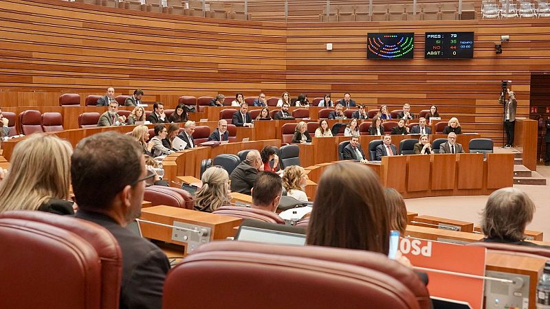 Vista general del hemiciclo de las Cortes durante un pleno, mostrando a los procuradores en sus escaños y el panel digital de votación al fondo.