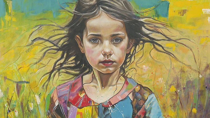 Pintura de una niña con cabello al viento y vestido colorido sobre un fondo de tonos dorados y turquesa.