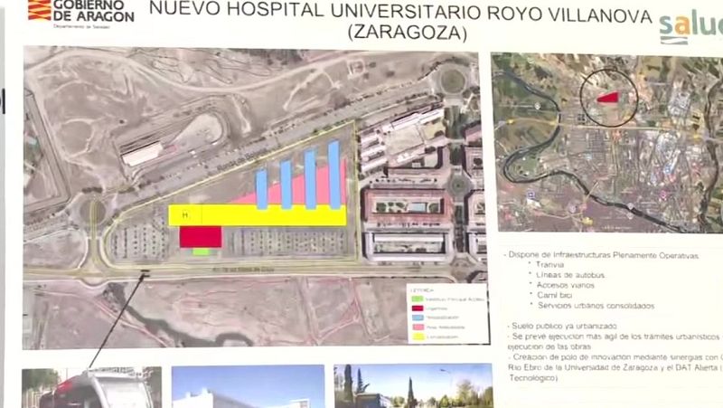 Panel informativo con el proyecto arquitectónico del nuevo hospital en Zaragoza, mostrando planos, ubicación y ventajas estratégicas del emplazamiento.