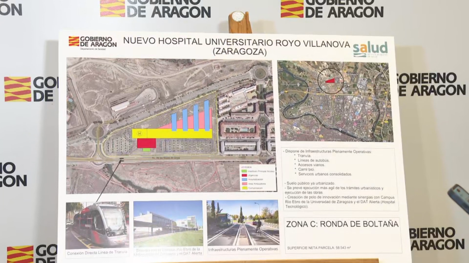 Panel informativo sobre el proyecto del nuevo Hospital Universitario Royo Villanova en Zaragoza, con planos y detalles técnicos.