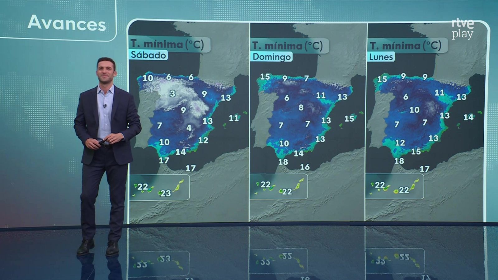 El meteorólogo Marc Santandreu presenta el tiempo en un plató con una gran pantalla que muestra mapas de temperaturas mínimas para el fin de semana.