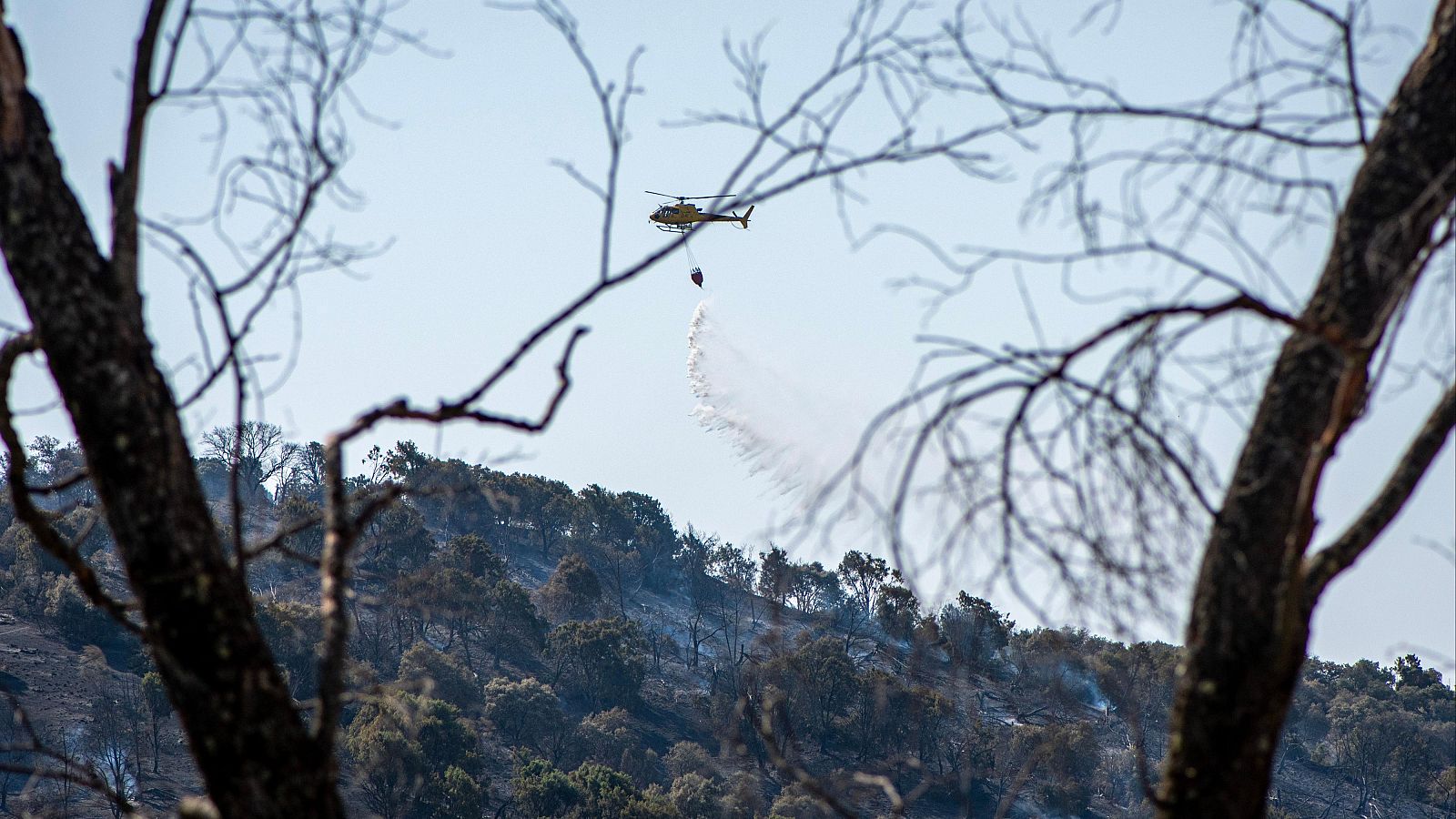 Un helicóptero trabaja en las labores de extinción del incendio en Aldea del Fresno