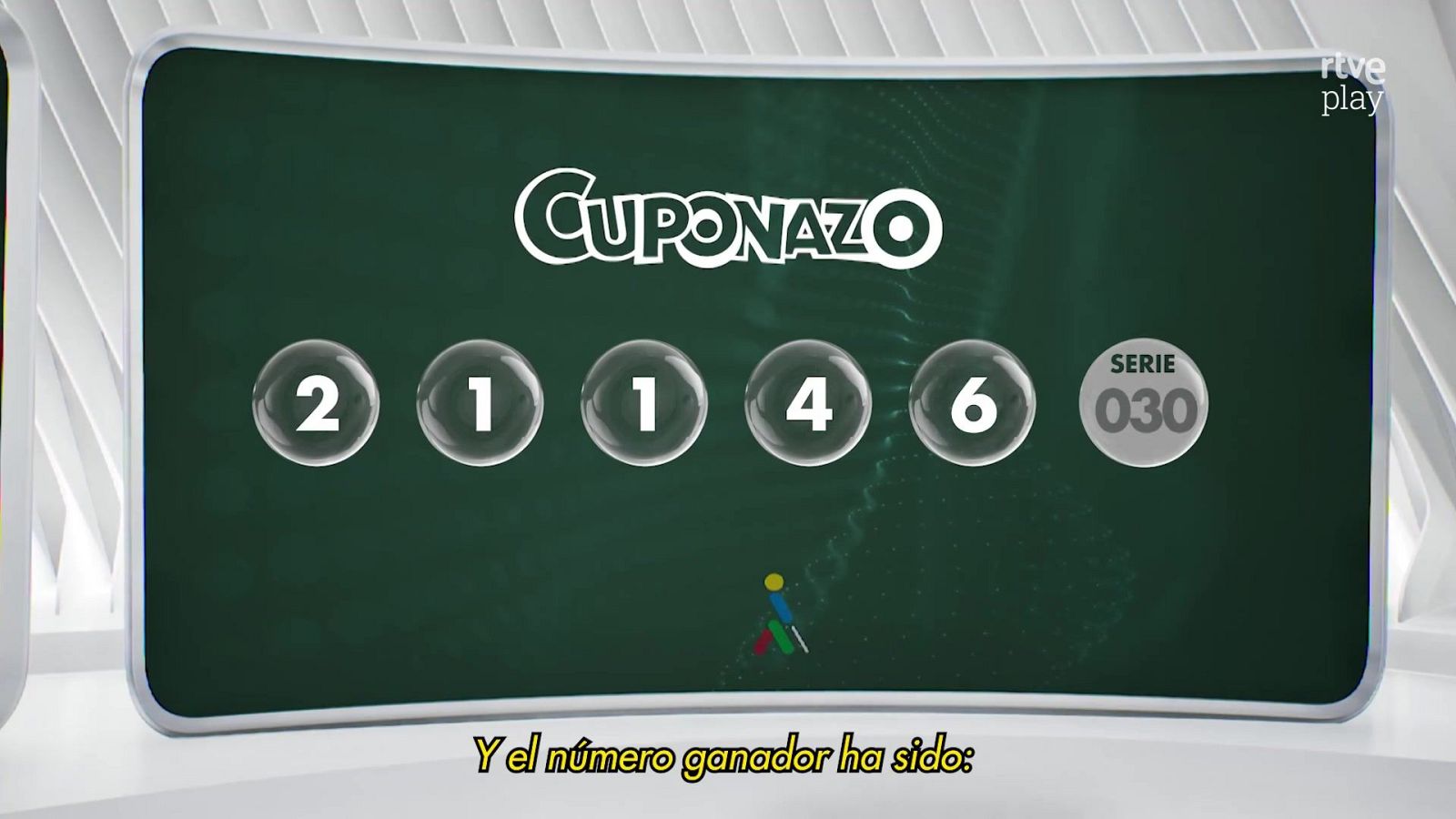 Captura de pantalla de la retransmisión del sorteo con los números ganadores y logotipos de Cuponazo, ONCE y RTVE Play.