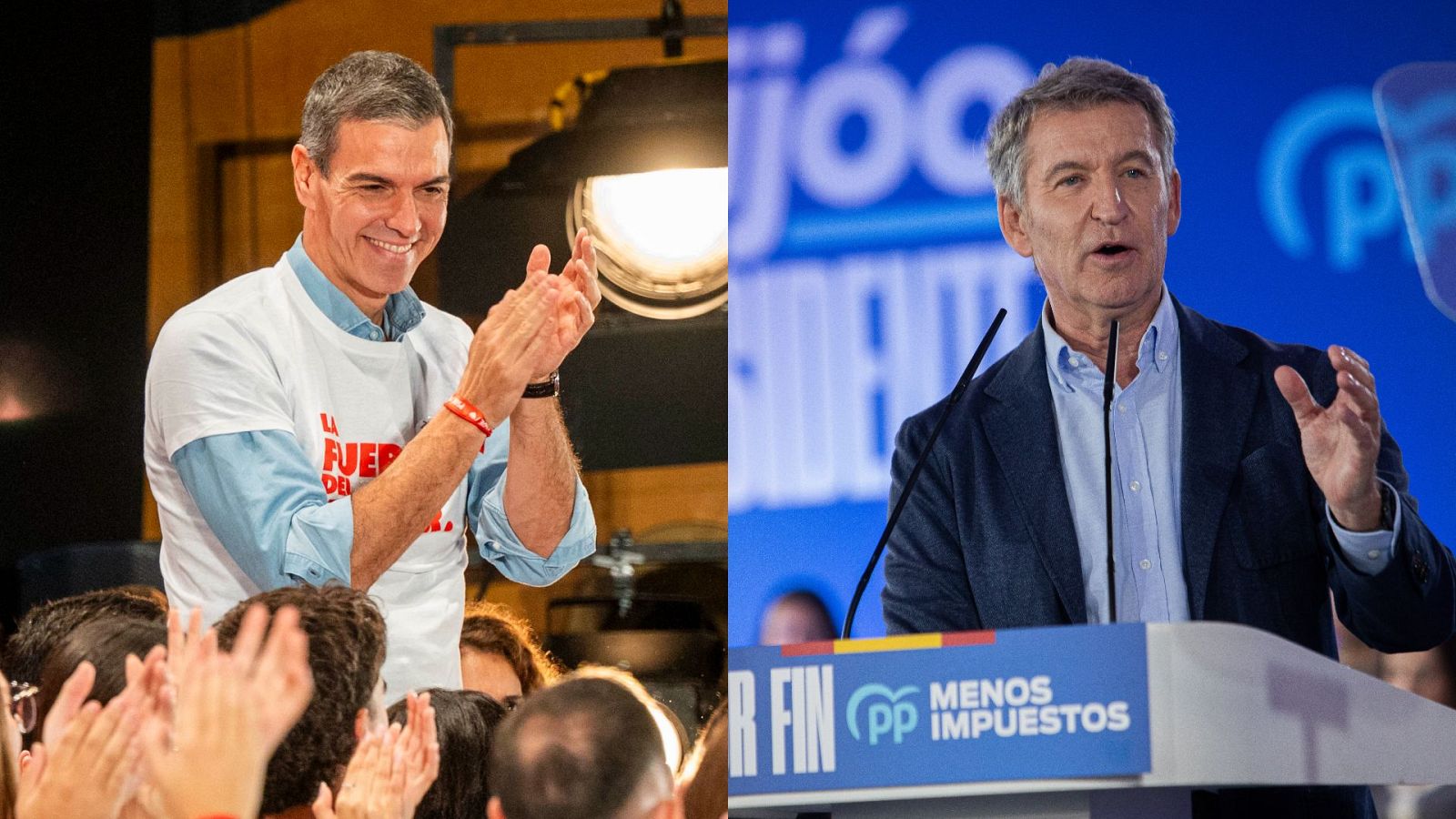 Pedro Sánchez y Alberto Núñez Feijóo, en sus respectivos actos de precampaña este sábado