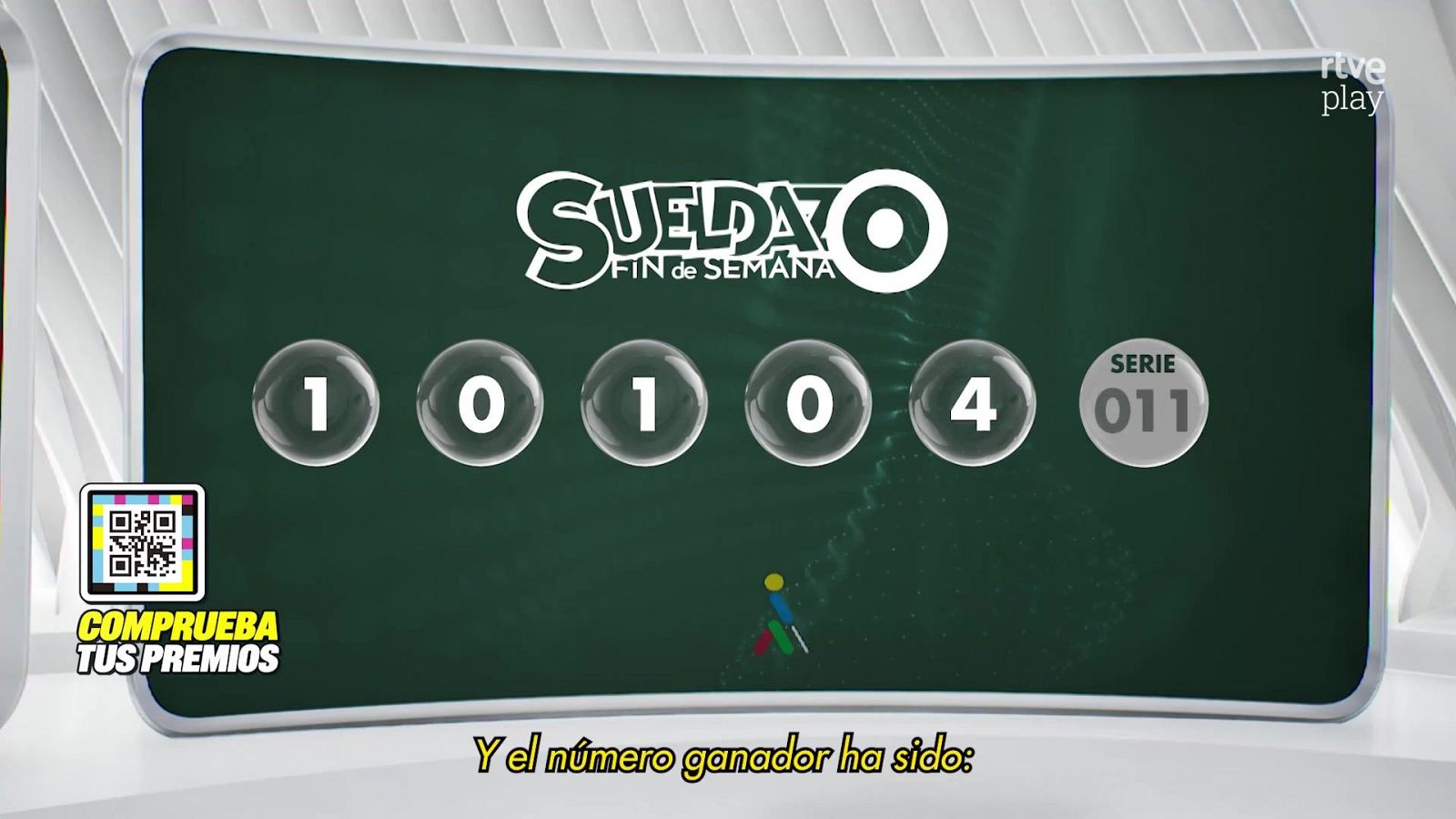 Pantalla digital con el número premiado 10104 y la serie 011 del sorteo de la ONCE, acompañada del logotipo de rtve play.