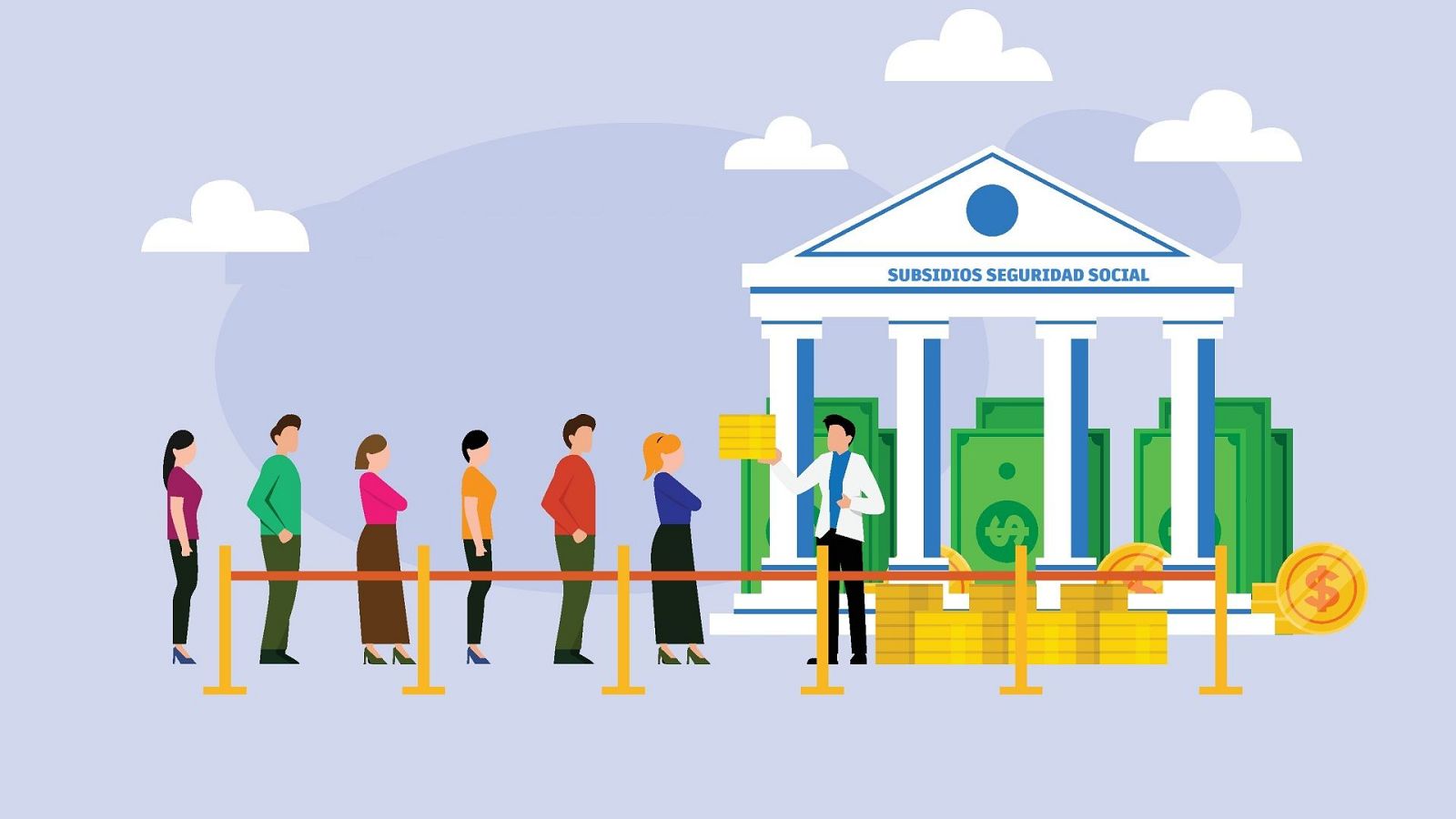Ilustración vectorial de una oficina pública donde un funcionario entrega una ayuda económica a una ciudadana ante una fila de personas.