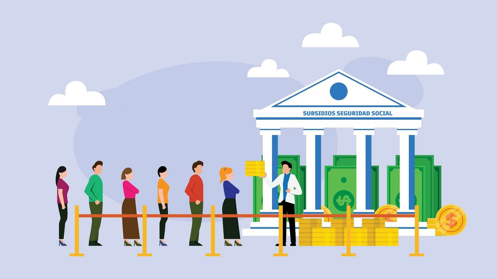 Ilustración vectorial de un edificio institucional con billetes y monedas, donde un empleado atiende a ciudadanos en fila para tramitar ayudas públicas.