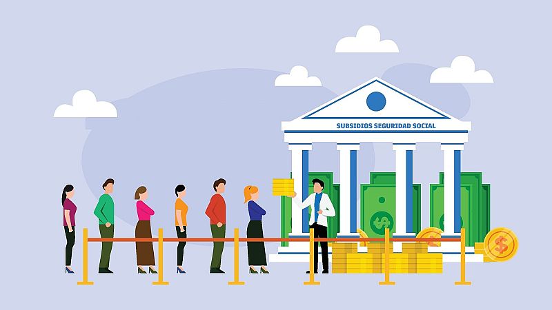 Ilustración vectorial de un edificio institucional con billetes y monedas, donde un empleado atiende a ciudadanos en fila para tramitar ayudas públicas.