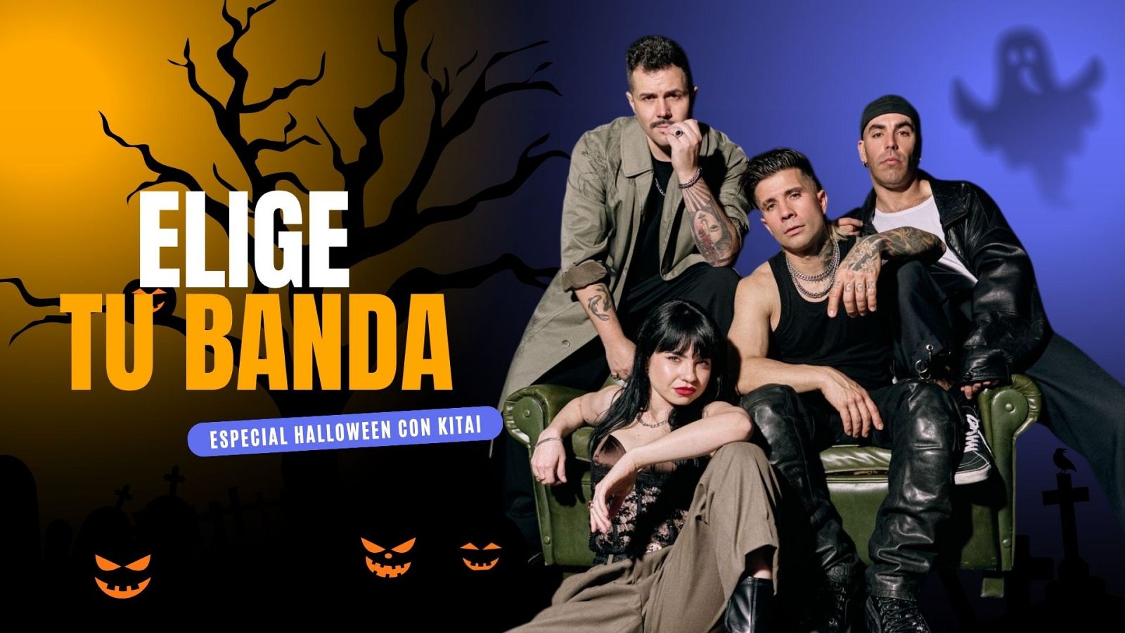 Cartel musical de Halloween con la banda Kitai posando junto a un sof� verde frente a un fondo azulado y elementos festivos de terror.