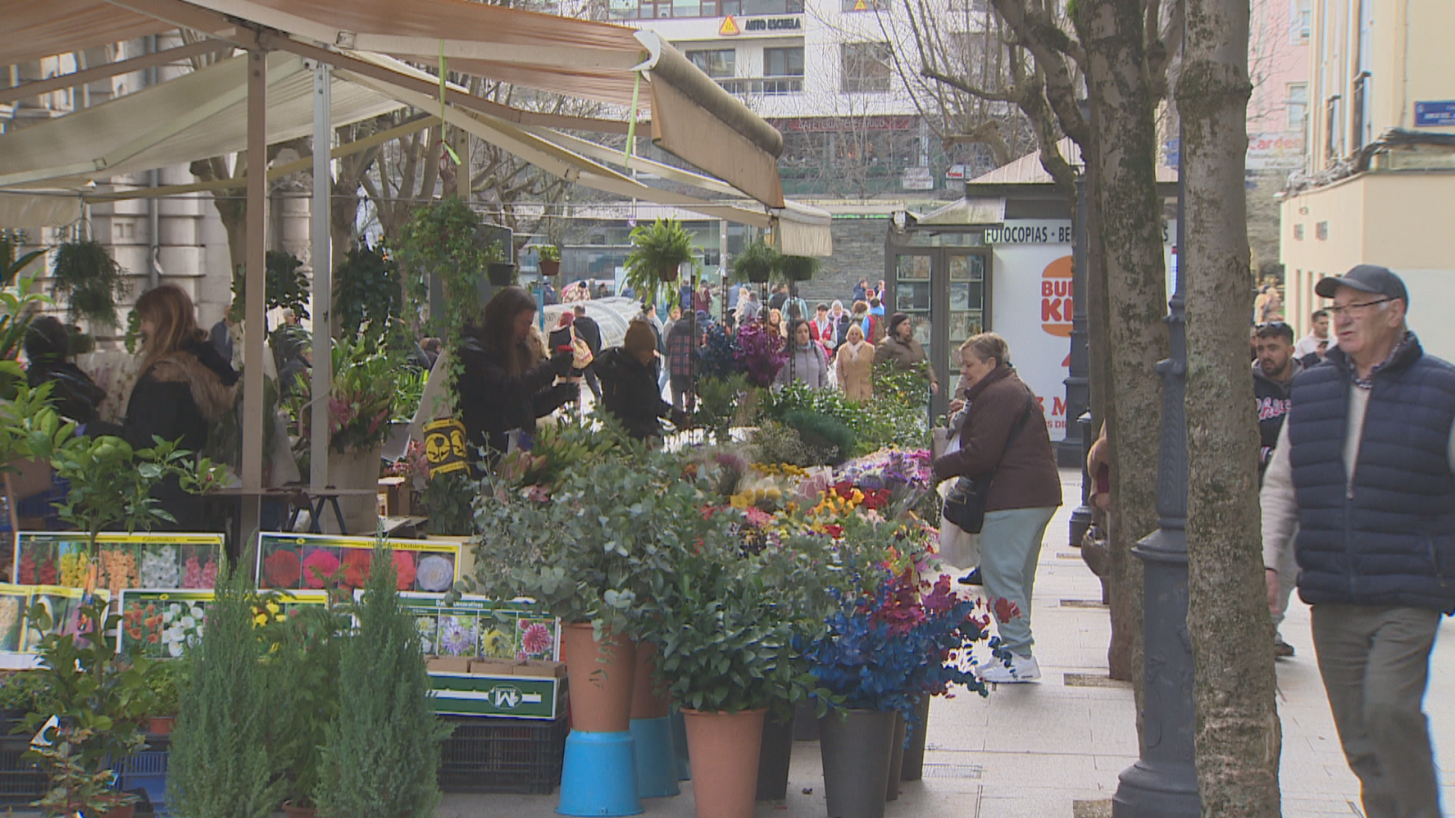 Puesto urbano de flores y plantas al aire libre con transeúntes y clientes en la acera.