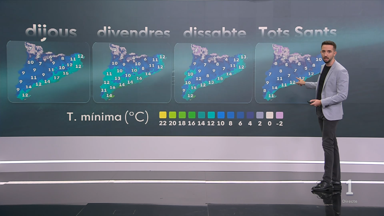 El presentador Marc Santandreu señala un mapa de temperaturas mínimas en Cataluña durante la emisión del espacio meteorológico en el plató de televisión.