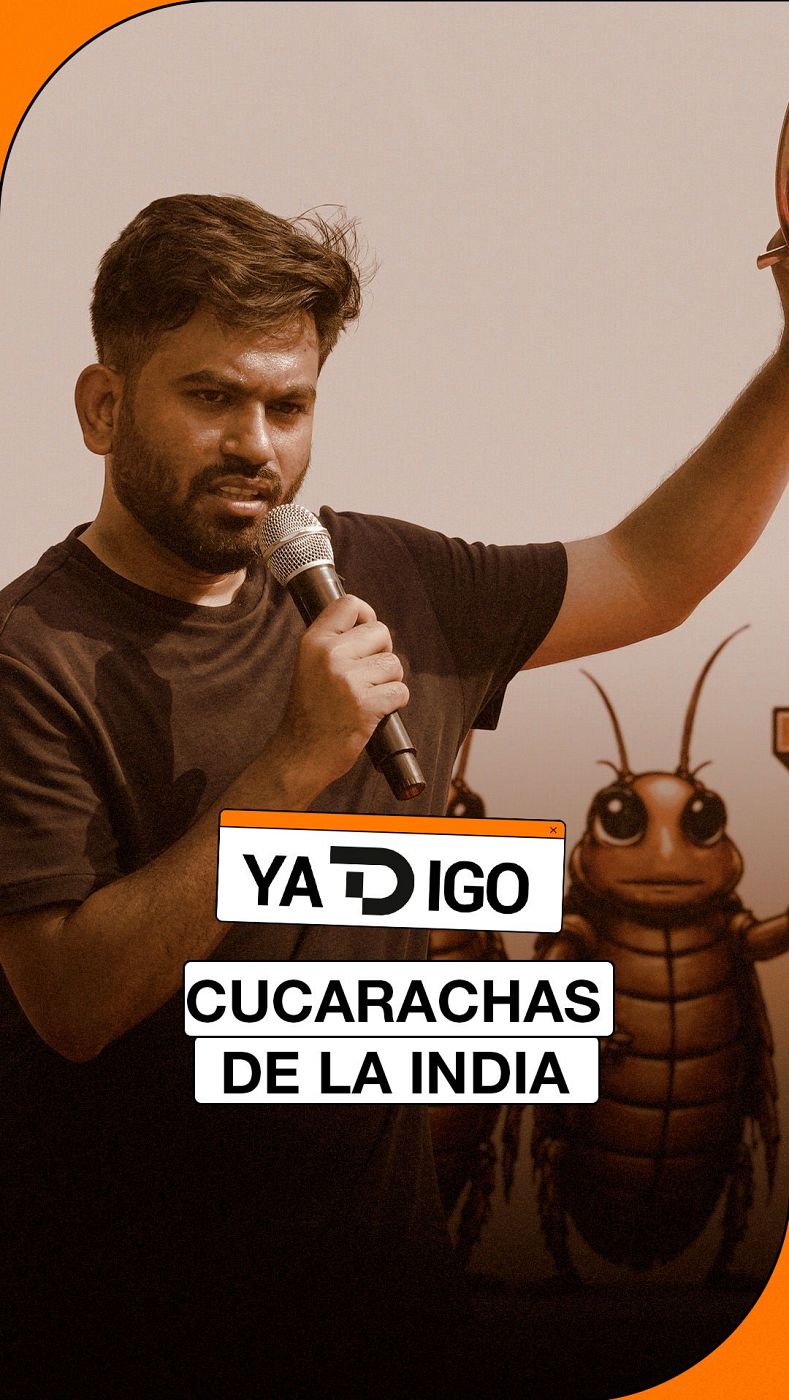 Un joven barbudo con micrófono gesticula junto a una cucaracha animada en tono sepia sobre fondo blanco, acompañado de carteles con texto.