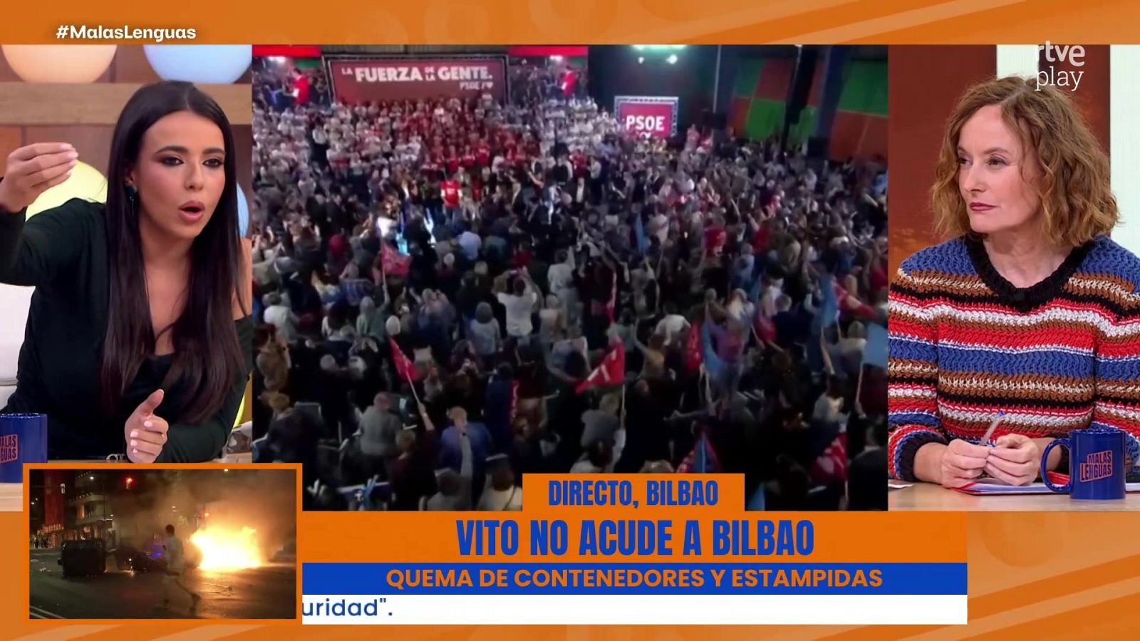 Captura de un programa de debate con panelistas en plató, imágenes de un mitin y un rótulo que informa sobre disturbios en directo en Bilbao.