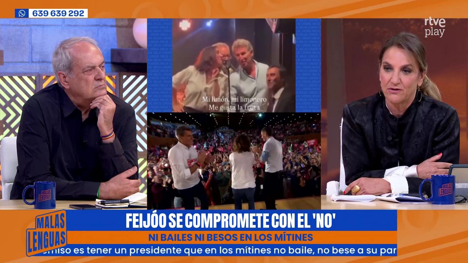Captura del programa "Malas lenguas" con dos colaboradores en plató, imágenes de archivo en el centro y un faldón informativo sobre política.