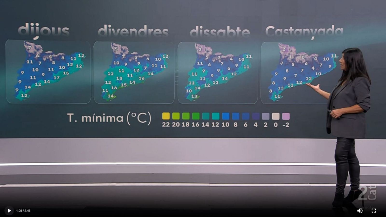 Una presentadora muestra en un plató de televisión un mapa meteorológico con las temperaturas mínimas previstas para cuatro jornadas en Cataluña.