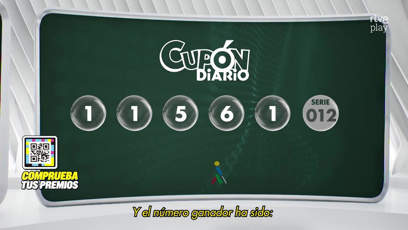 Plató de televisión con pantalla verde que muestra el número premiado 11561 y la serie 012 del sorteo de la ONCE.