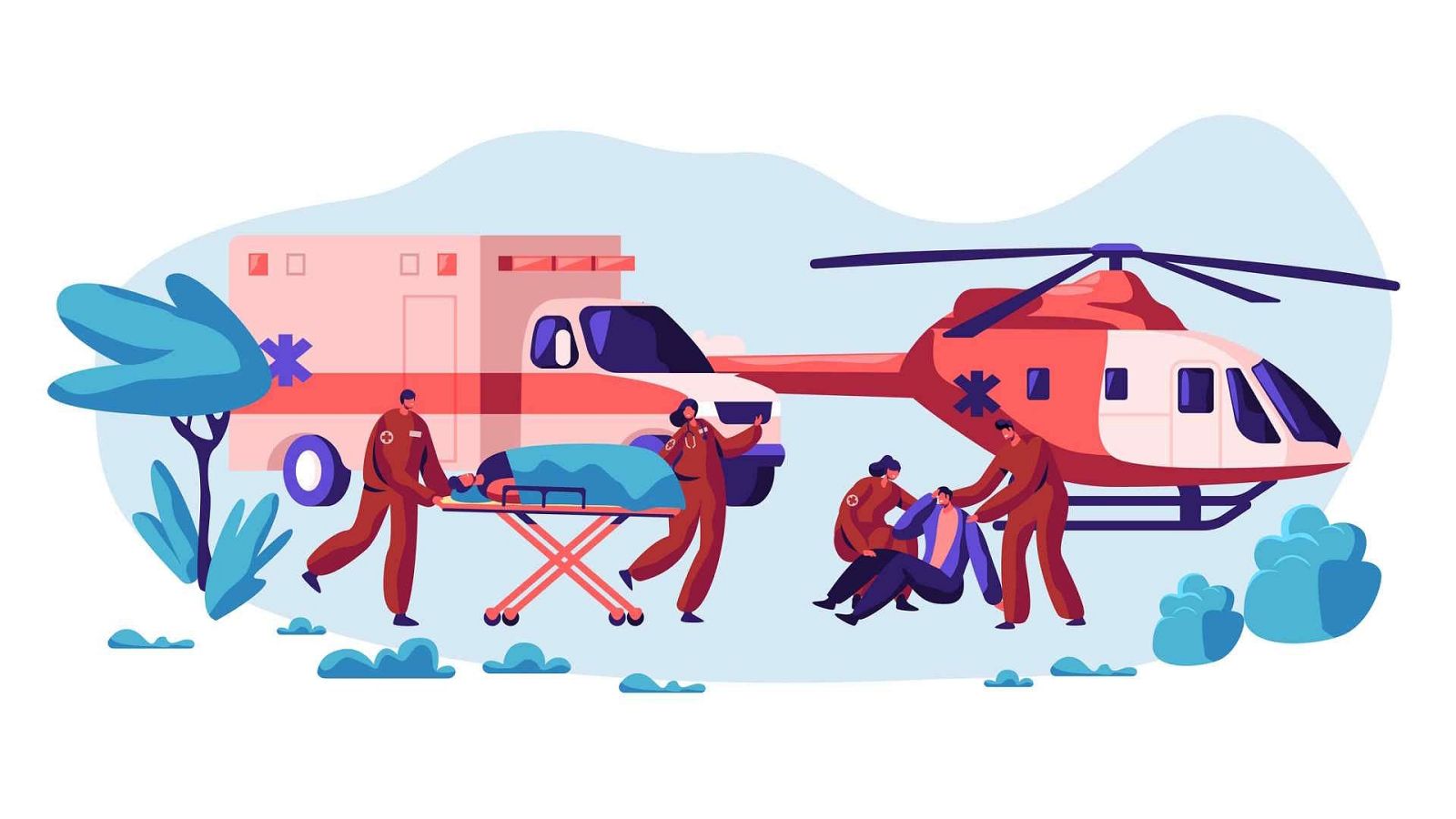 Ilustración vectorial de emergencias médicas con una ambulancia, un helicóptero de rescate y sanitarios atendiendo a personas heridas en un entorno despejado.