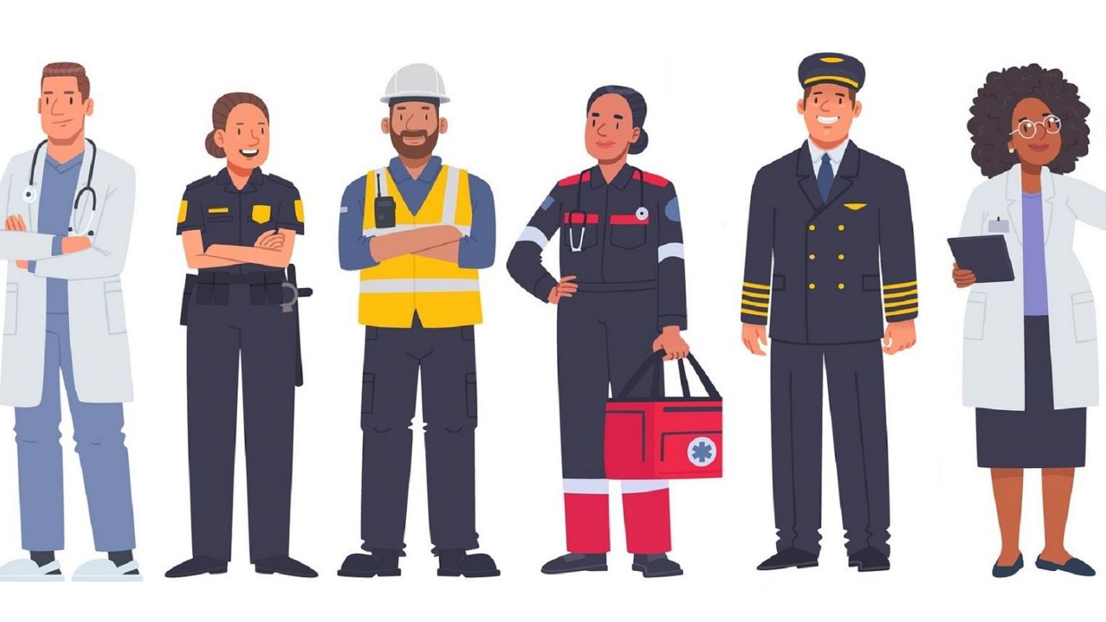 Ilustración vectorial de seis profesionales en fila con sus uniformes de trabajo, incluyendo un médico, una policía, un obrero, una sanitaria, un piloto y una científica.