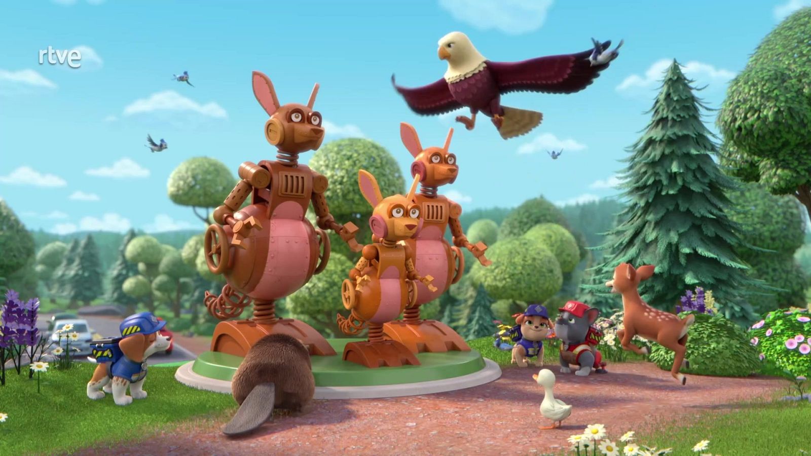 Escena de animación 3D con tres esculturas mecánicas de canguros en una plataforma circular, rodeadas de cachorros constructores y animales en un parque natural.