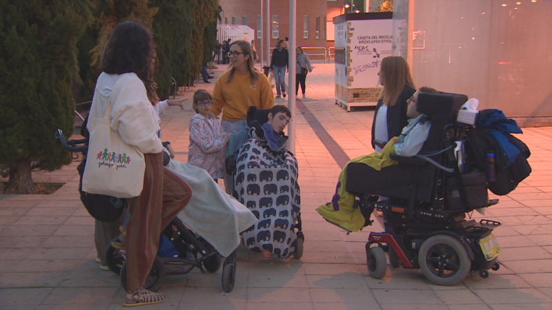 Grupo de madres y jóvenes con discapacidad en sillas de ruedas adaptadas reunidos al aire libre durante el atardecer.