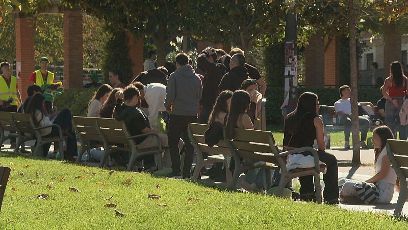 Jóvenes estudiantes descansan y charlan en bancos y césped de un campus universitario un día soleado.