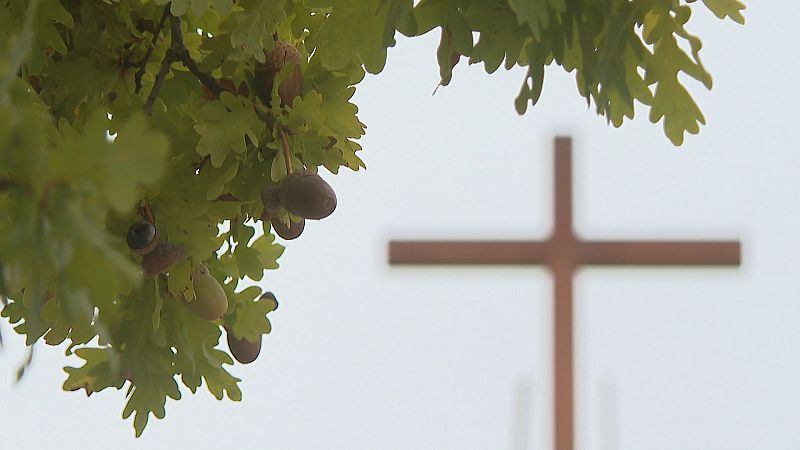 Rama de roble con hojas verdes y bellotas en primer plano, con una cruz moderna desenfocada al fondo bajo un cielo nublado.