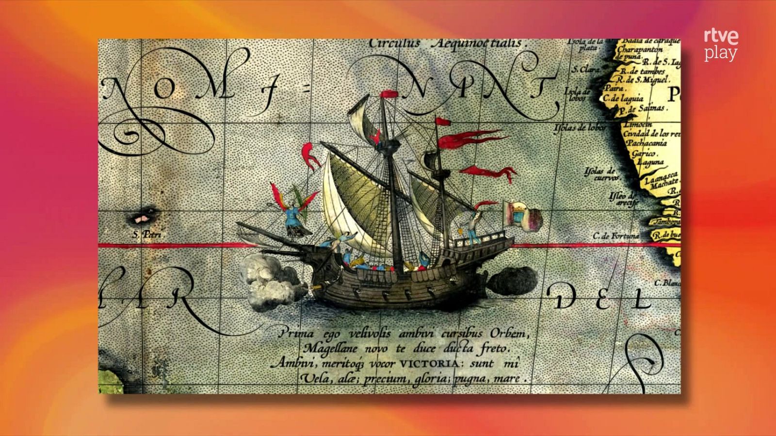 Ilustración cartográfica histórica del mapa Maris Pacifici con la nao Victoria navegando, cañones humeantes y textos en latín.
