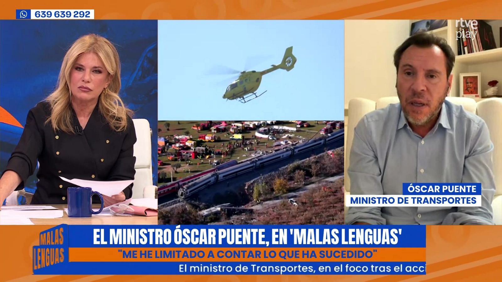 Emisión televisiva con una presentadora, imágenes de un accidente ferroviario y la intervención de un ministro en pantalla dividida.
