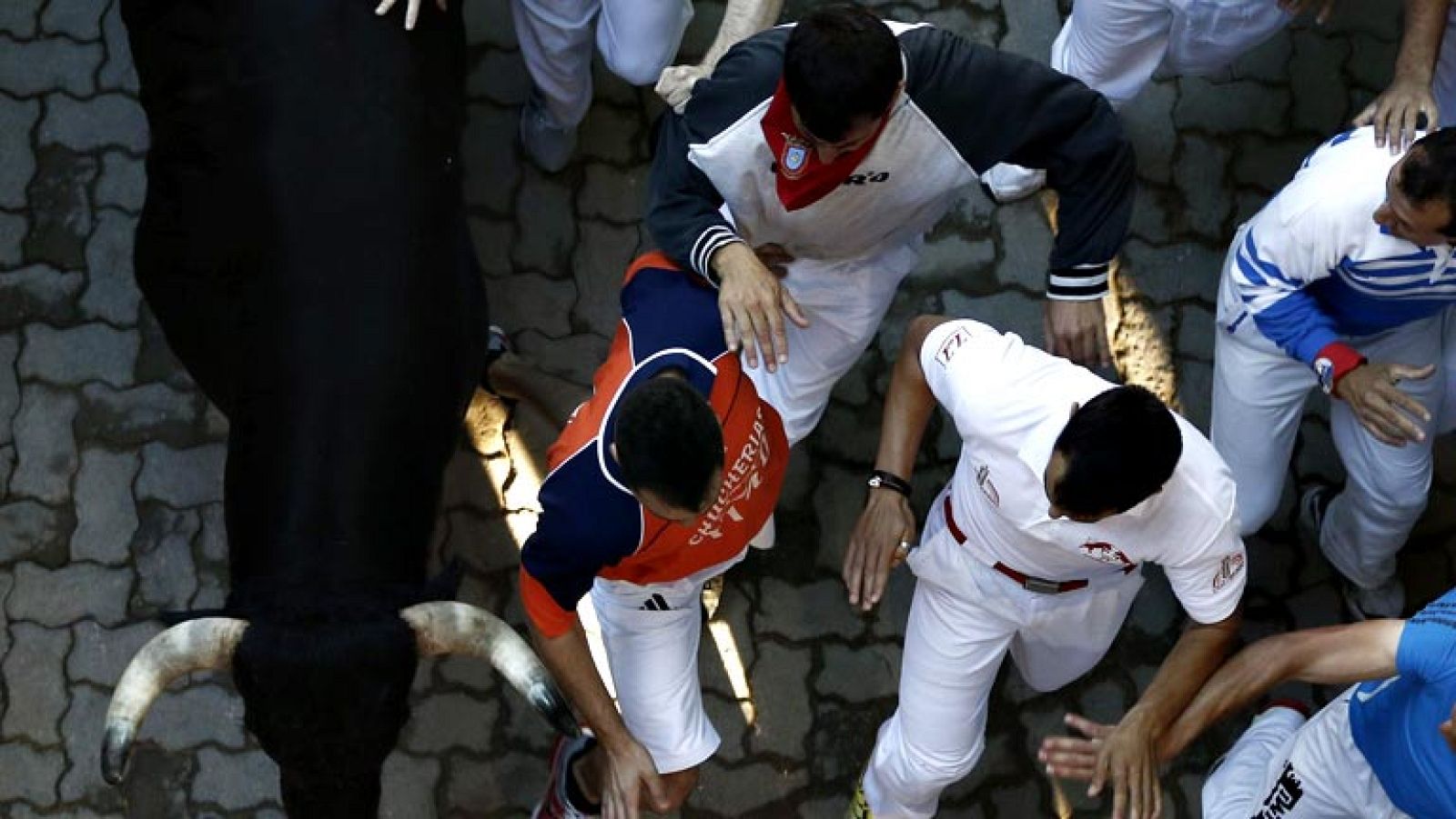 Uno de los mozos se arrima y toca el asta de uno de los morlacos