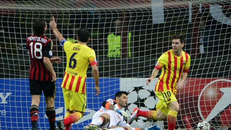 El delantero argentino del FC Barcelona Lionel Messi ha empatado (1-1) ante el Milan en el minuto 22 de juego, tras un pase en profundidad de Iniesta.