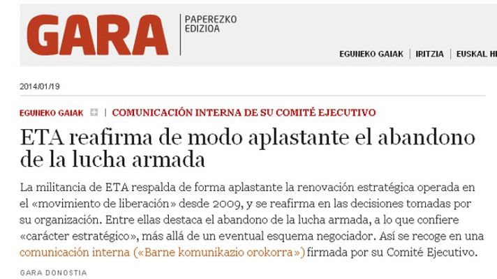 Informativo 24h - ETA reafirma el abandono de la violencia en un comunicado interno publicado por el diario Gara