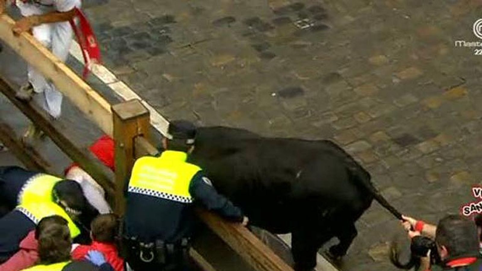 Un toro negro rezagado cornea a dos mozos | Ver