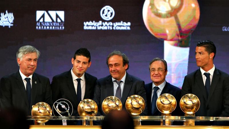 Cristiano Ronaldo, James Rodríguez, Florentino Pérez, Carlo Ancelotti y el Real Madrid como mejor club de 2014, fueron premiados este lunes en la gala "Globe Soccer" y arrasaron en la quinta edición de unos galardones que se entregan en Dubai desde 2