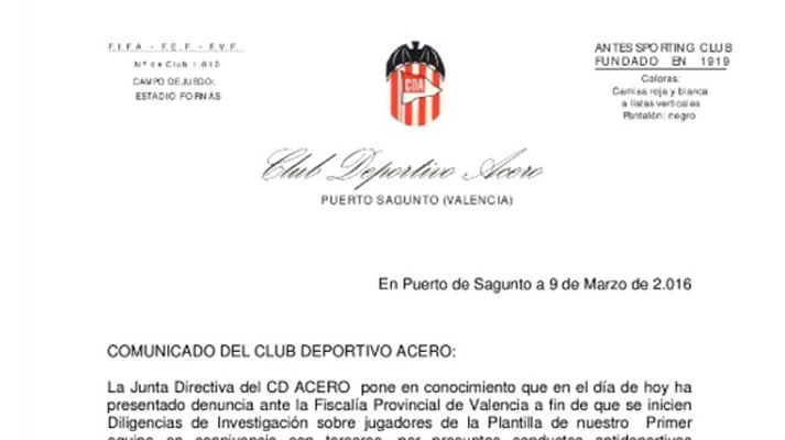 Telediario 1 - El Club Acero de Sagunto denuncia a parte de su plantilla