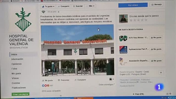 Telediario 1 - El Hospital General de Valencia contrató médicos por Facebook, sin oposición ni tribunal