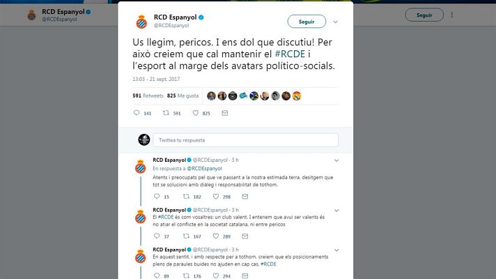 Telediario 1 - El Espanyol pide diálogo y no se posiciona respecto al 1-O