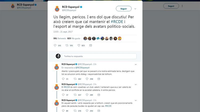 El Espanyol pide diálogo y no se posiciona respecto al 1-O | Ver