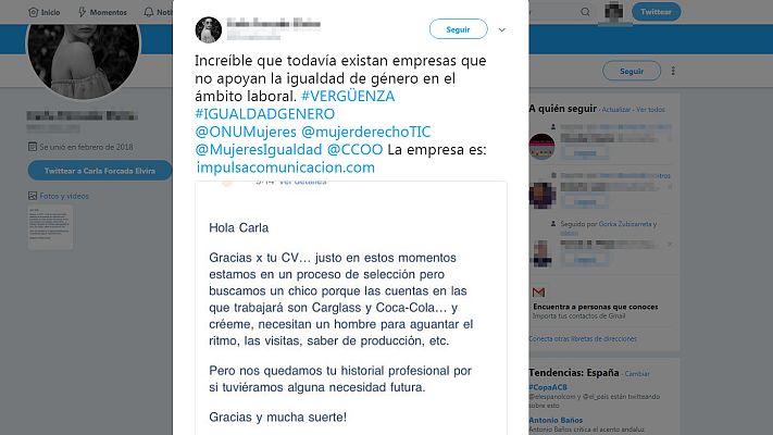 Telediario 1 - Una agencia de comunicación rechazó el CV de una mujer porque necesitaban "un hombre para aguantar el ritmo"