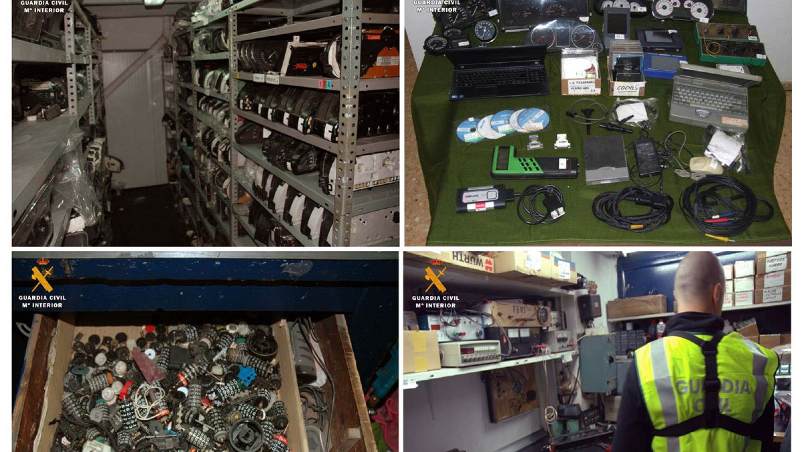 Almacenaje y detalles de material confiscado por la Guardia Civil en la operación contra el fraude de kilometraje de vehículos de segunda mano destinados a la venta
