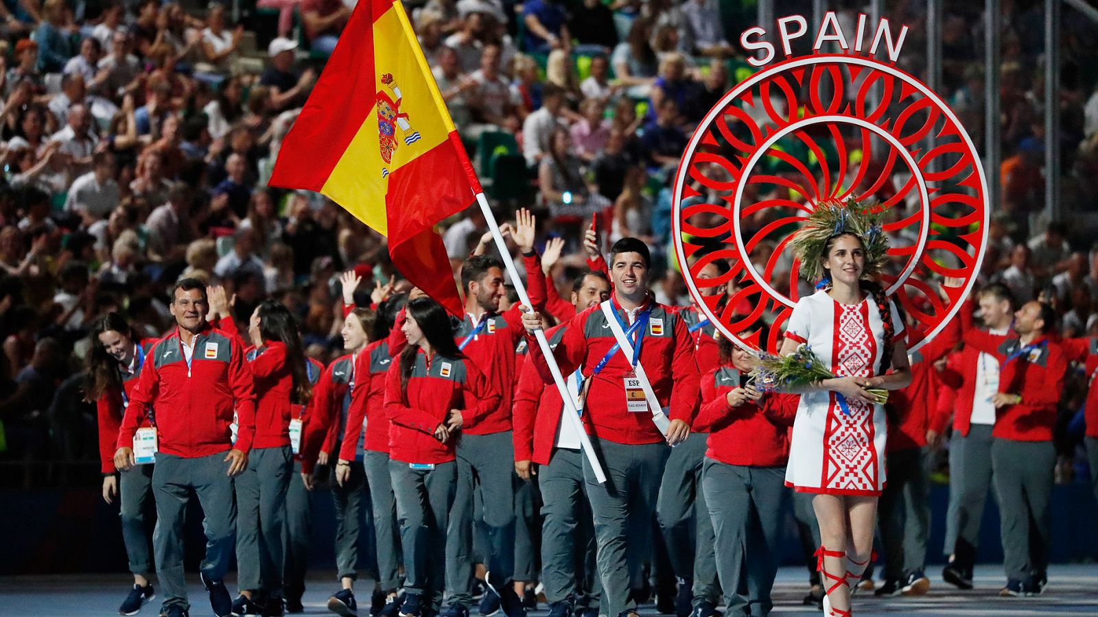 Abanderados por el tirador Miguel Alvariño, España desfiló en la ceremonia de inauguración de los Juegos Europeos, que se desarrollan en Minsk del 21 al 30 de junio de 2019.