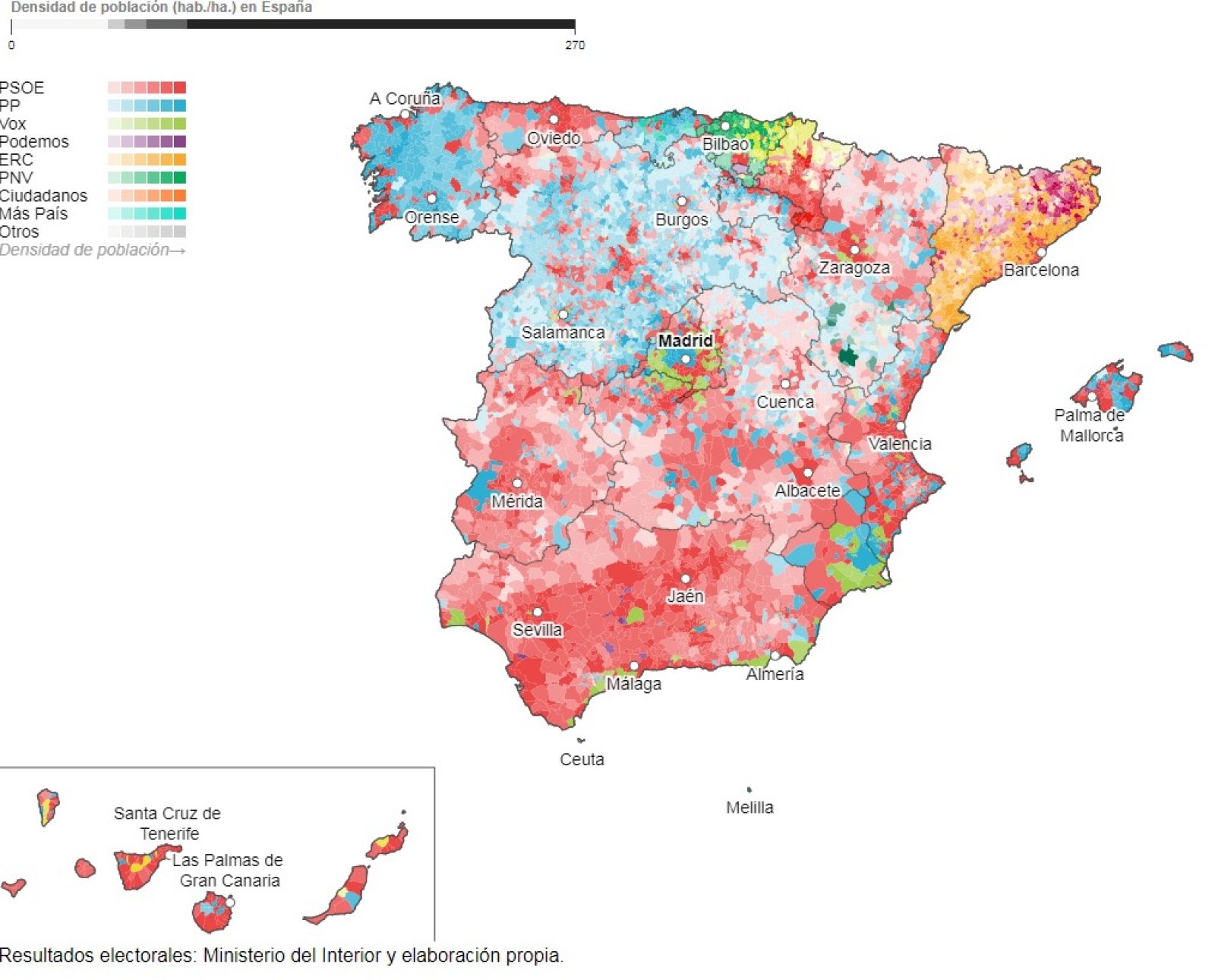 El mapa interactivo de RTVE.es permite conocer el voto en cada municipio