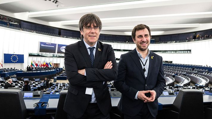 Telediario 1 - La Generalitat arropa a Puigdemont y Comín en su primer día en el Parlamento Europeo