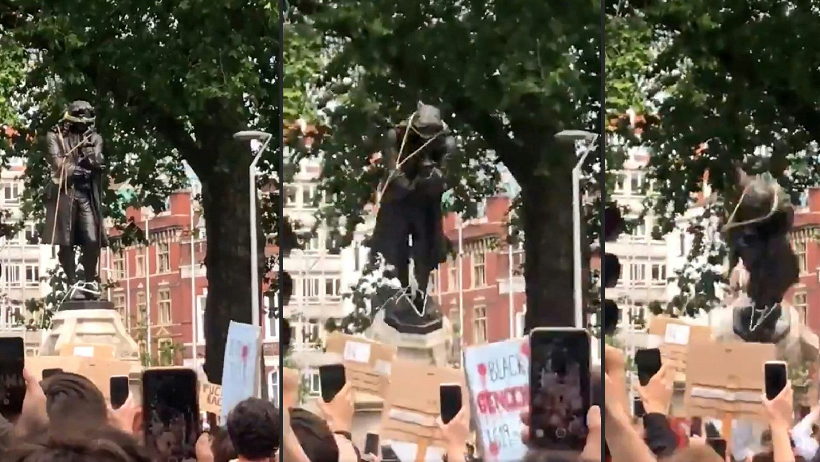 Varios manifestantes derriban en Bristol la estatua de un tratante de esclavos como protesta por la muerte de George Floyd