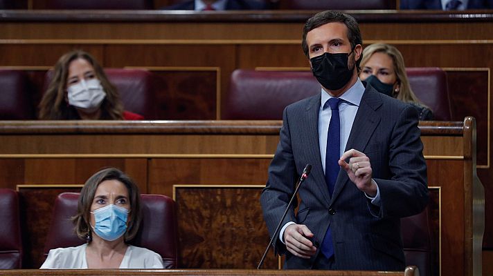 Telediario 1 - Casado tacha de "infame" el apoyo de Bildu al Gobierno y Sánchez le reprocha una estrategia "trumpista"