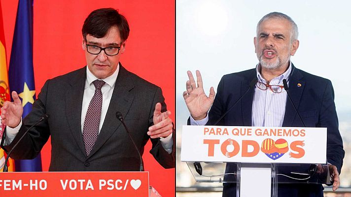 Telediario 1 - Elecciones catalanas: ERC y el PSC se enzarzan a cuenta de Vox mientras Illa y Carrizosa prometen bajarse el sueldo si presiden el Govern