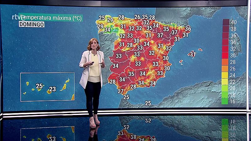 Chubascos y tormentas localmente fuertes en el entorno de Galicia, Asturias y noroeste de Castilla y León. Temperaturas significativamente altas en zonas del noreste de la Península